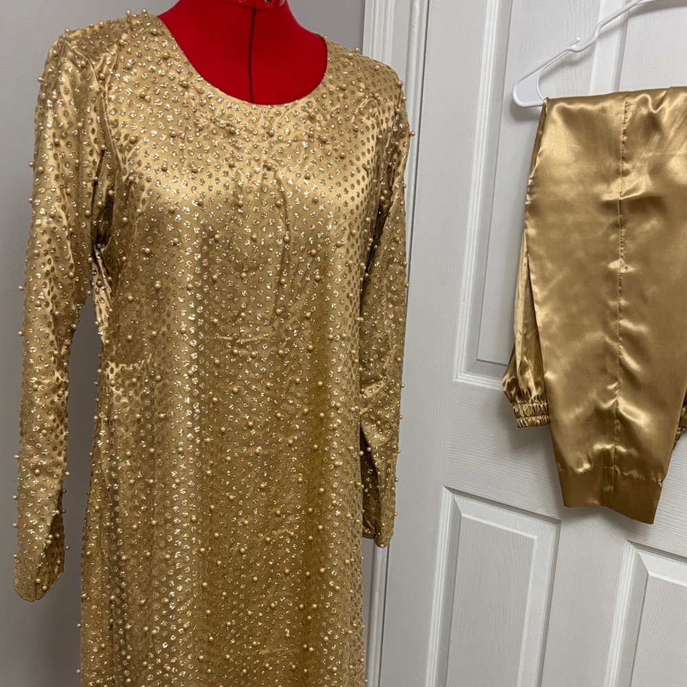 Gold Beaded Satin Dress Set